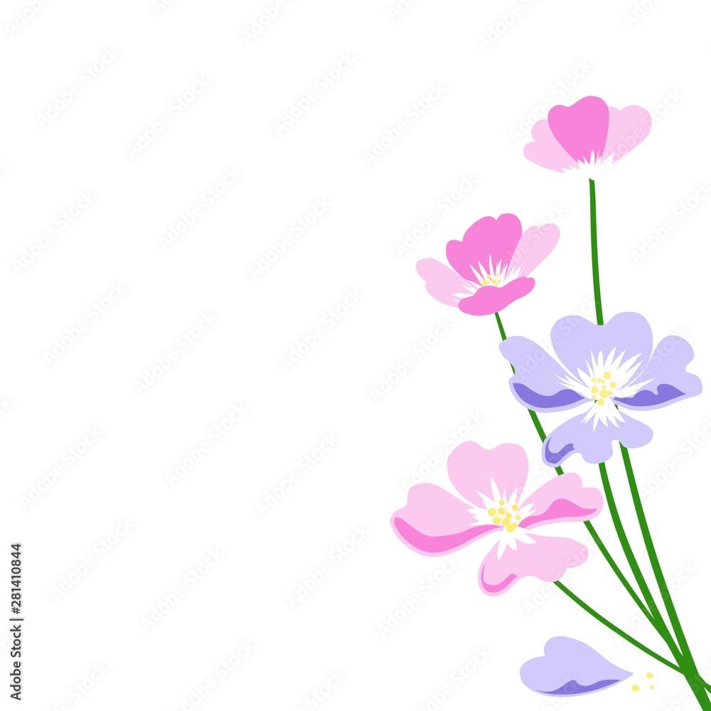 Hand draw of pink and purple flower at the right side of white background.