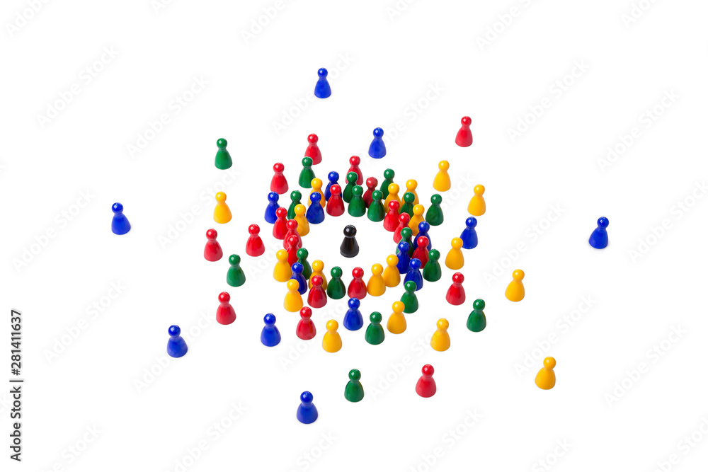 Lot of different game pawns with black one in the middle Lot of different game pawns with black one in the middle