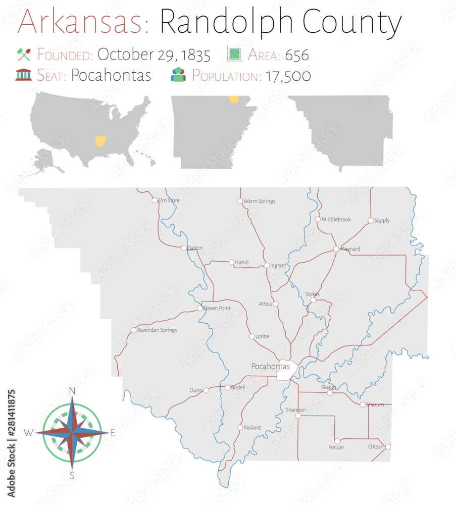 Large and detailed map of Randolph county in Arkansas, USA Stock Vector