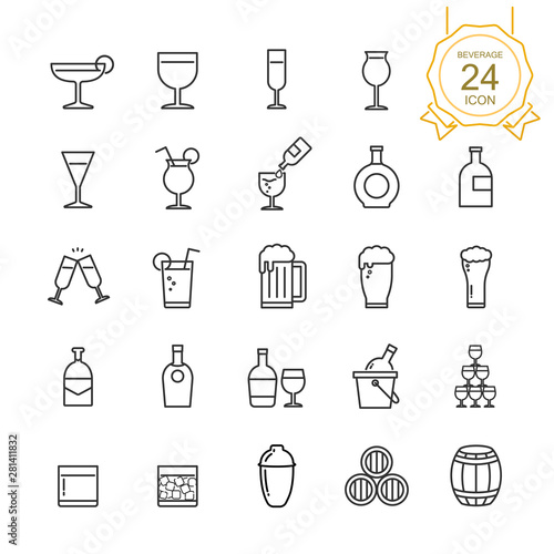 Set of drinks and beverages line icon on white background, Vector illustration