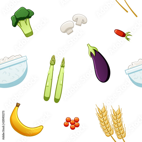 Seamless pattern of broccoli, champignons, wild rose, wheat, cottage cheese, asparagus, eggplant, banana, red caviar on white background in vector.
