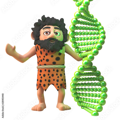 Картината върху платно 3d cartoon caveman character is awe struck at his understanding of dna, 3d illus