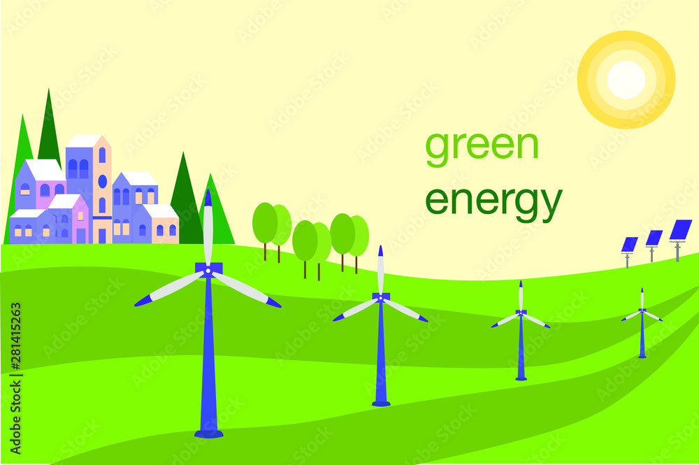 Green energy power mill with solar panel eco environment concept.