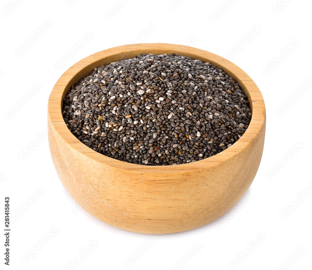 chia seeds in wood bowl on white background chia seeds in wood bowl on white background