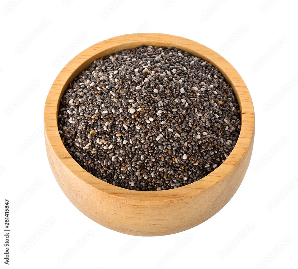 chia seeds in wood bowl on white background chia seeds in wood bowl on white background