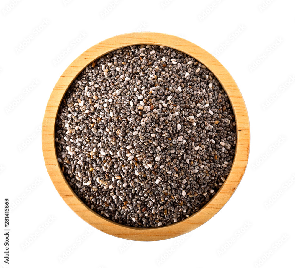 chia seeds in wood bowl on white background chia seeds in wood bowl on white background