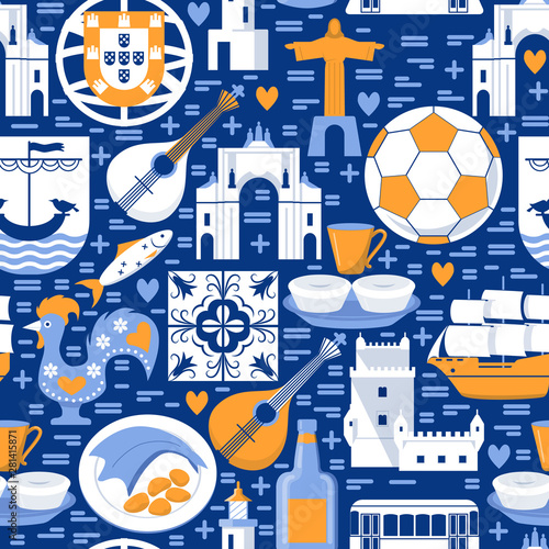 Portugal seamless pattern with icons in flat style