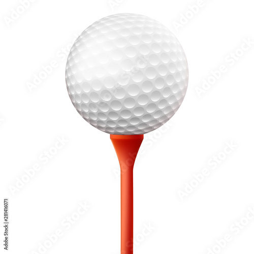 Realistic golf ball on red stand on white background