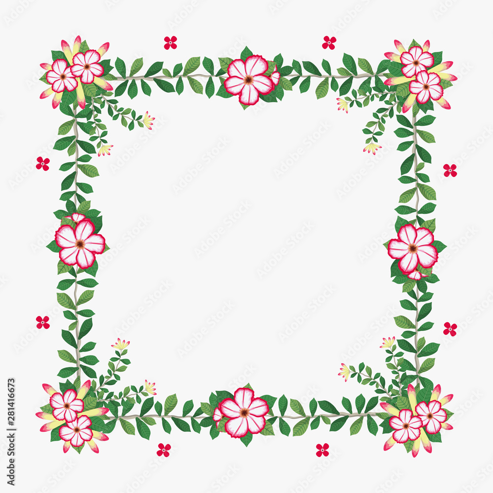 Floral greeting card and invitation template for wedding or birthday anniversary, Vector square shape of text box label and frame, Azalea flowers wreath ivy style with branch and leaves.