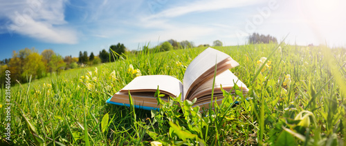 Open book in the grass on the field