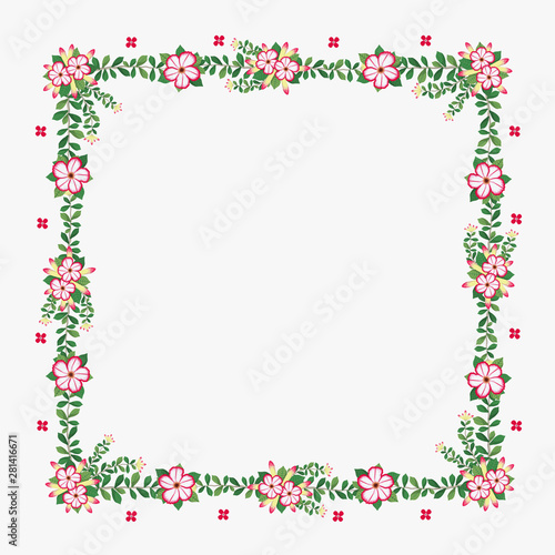 Floral greeting card and invitation template for wedding or birthday anniversary, Vector square shape of text box label and frame, Azalea flowers wreath ivy style with branch and leaves. © Kobsoft