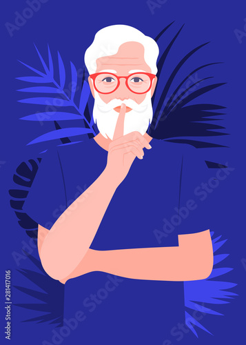 An elderly man put a finger to his lips. Secret information. Portrait of a strict and serious grandfather. Vector flat illustration