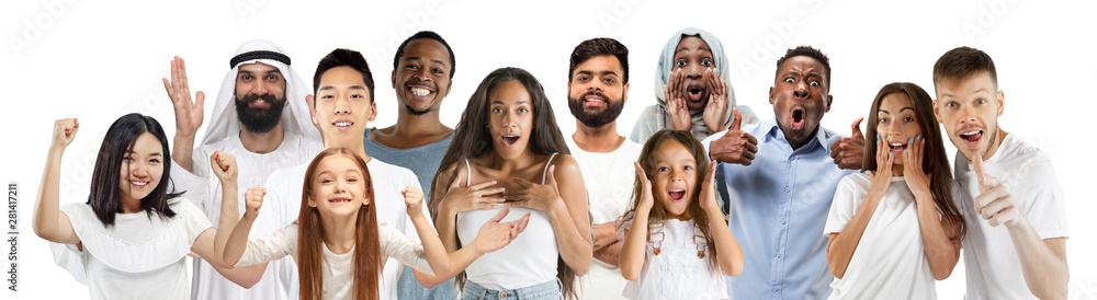 Collage of happy caucasian, asian and african-american people looks happy. Male and female models on white studio background. Victory, delight concept. Human facial emotions. Winning, windering, crazy Collage of happy caucasian, asian and african-american people looks happy. Male and female models on white studio background. Victory, delight concept. Human facial emotions. Winning, windering, crazy