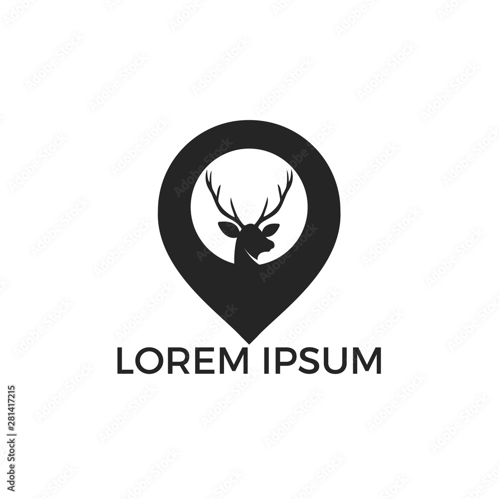 Deer and map pointer logo design. Deer locator logo design. Animal place icon.