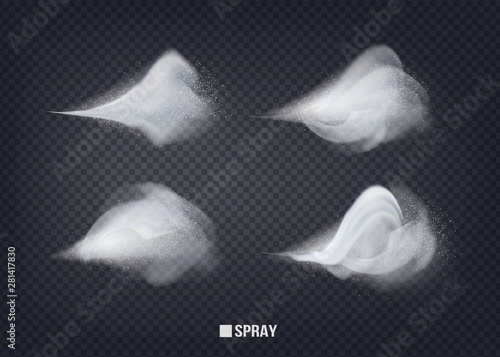 Perfume advertising spray.magic effect. Beautiful, elegant element for your design.Airy water spray.Mist.Sprayer fog isolated on black transparent background. Vector.