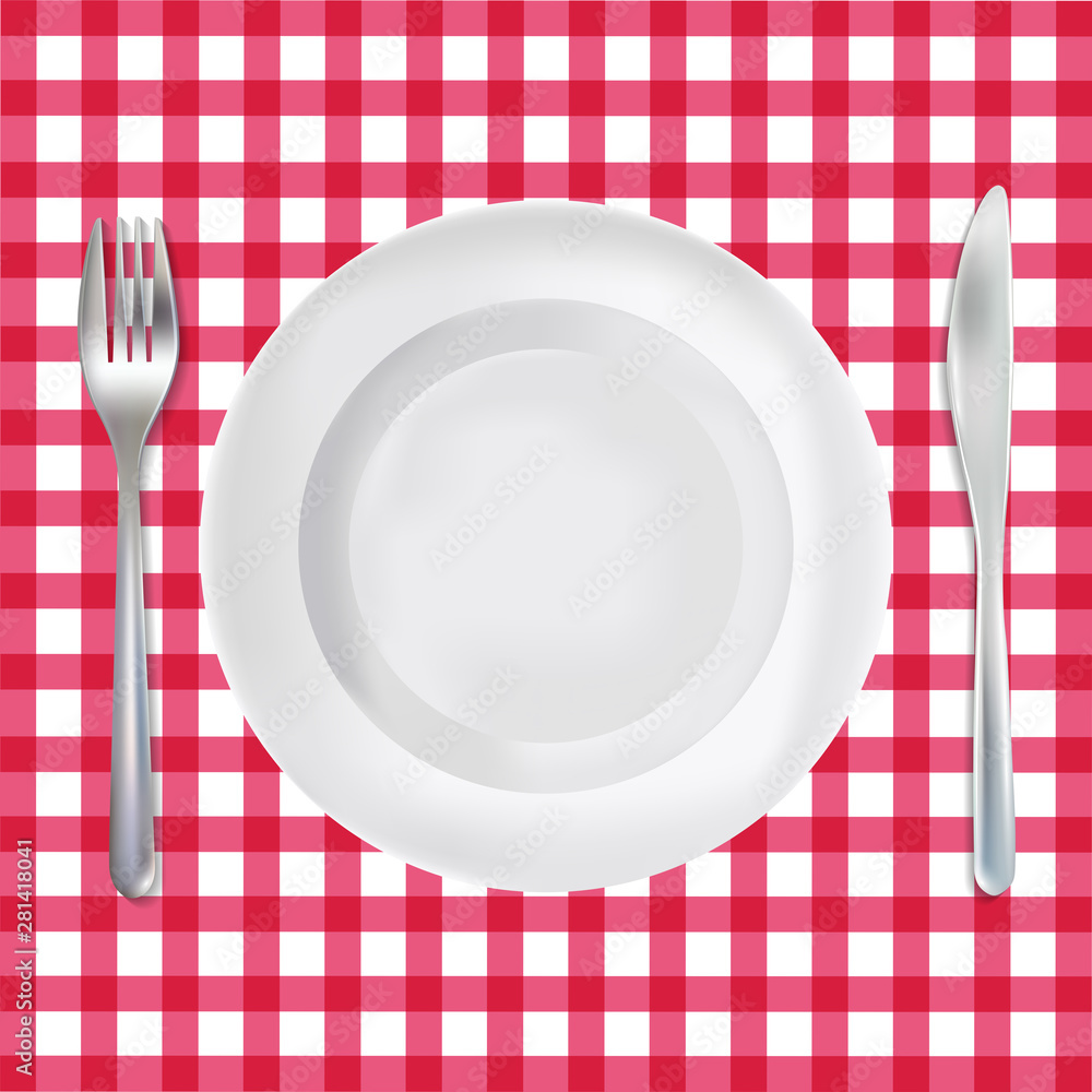 Red checkered tablecloth with realistic plate, knife and fork Red checkered tablecloth with realistic plate, knife and fork