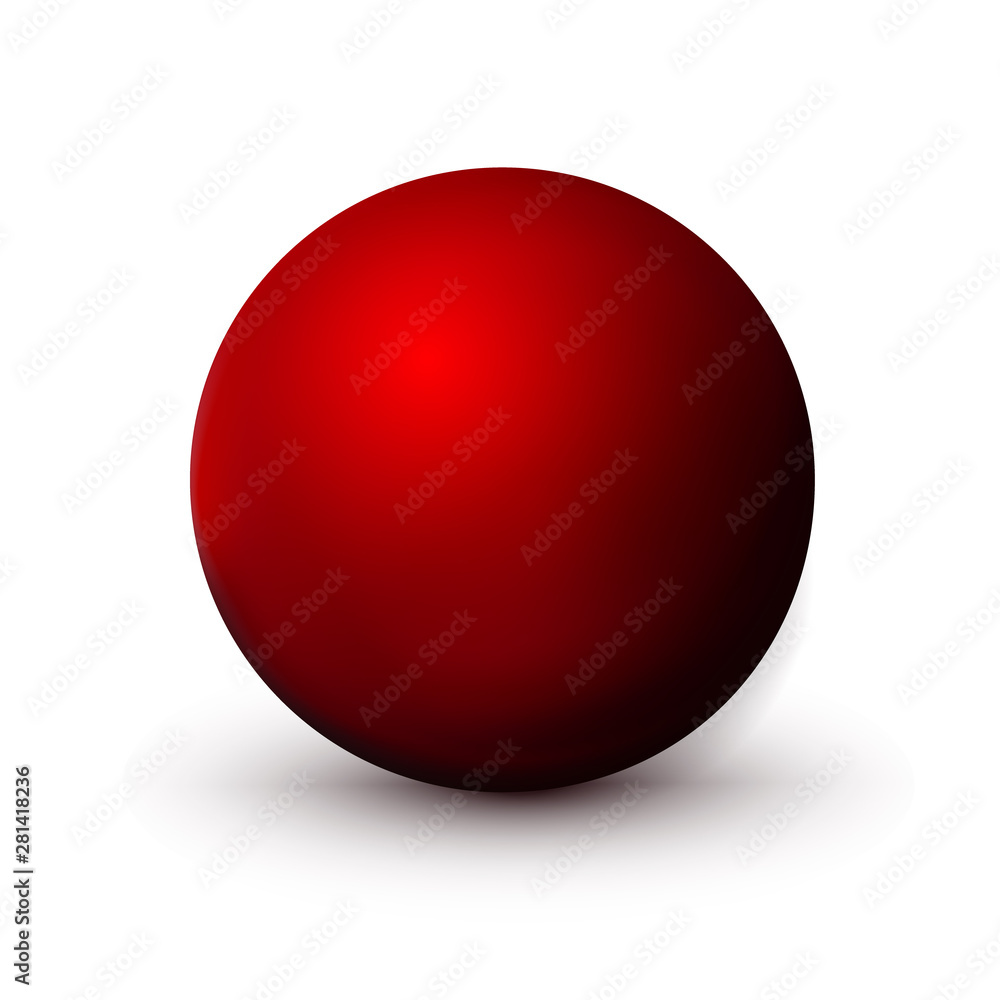 Red sphere, ball. Mock up of clean round the realistic object, orb icon. Design decoration round shape, geometric simple, figure circle form. Isolated on white background, vector illustration