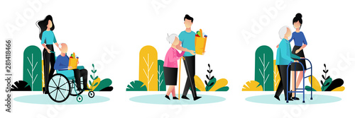 Social workers taking care about seniors people. Vector flat cartoon illustration. Volunteer people help elderly people.