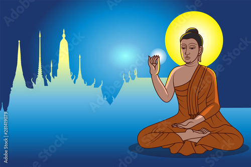 Buddha and glowing light with temple background