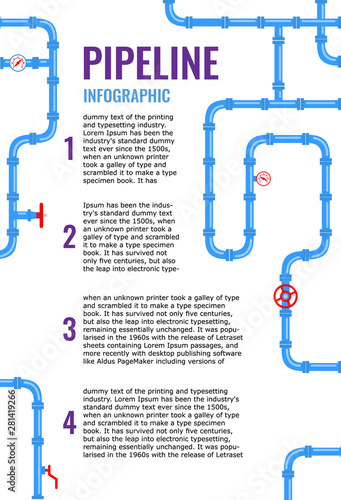 Vertical Industrial background with Blue pipes for water, gas, oil, sewage. Infographics for flyers or brochure. Vector illustration in a flat style.