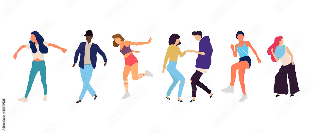 Crowd of young people dancing at club. Big set of characters having fun at party. Flat colorful vector illustration.