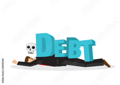 Businessman attacks, fall and collapse by giant lettering “Debt”. Concept of debt crisis, corporate sabotage or bankruptcy.