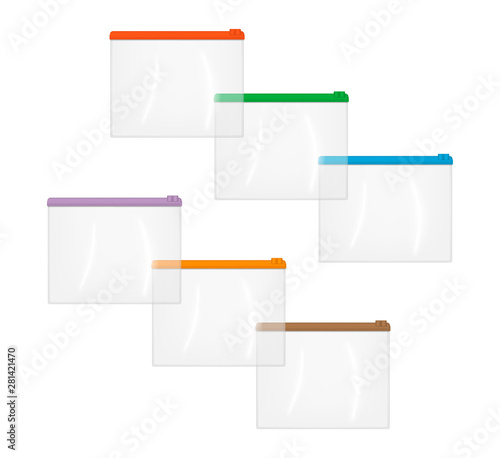Realistic clear plastic zip envelope bag, vector mockup set. Transparent file jacket, mock-up. Zipper document case, template