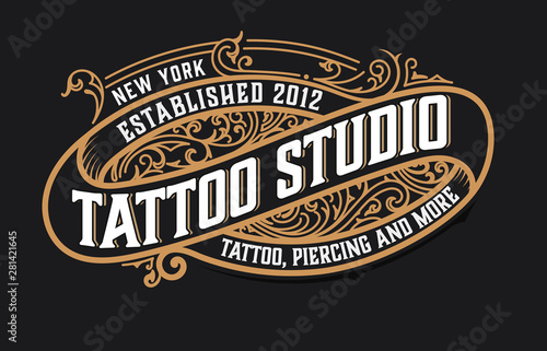 Tattoo logo template. Old lettering on dark background with floral ornaments.Vector layered