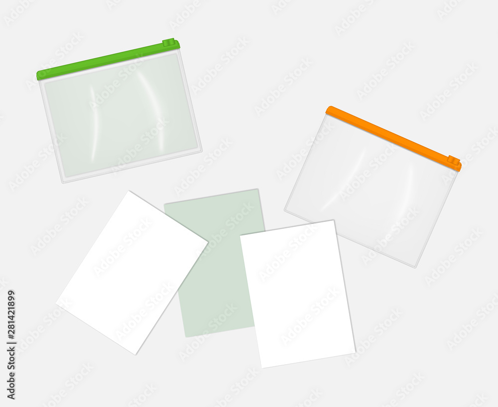 Realistic clear plastic zip envelope bags with blank A4 paper sheets, vector mockup. Transparent PVC file jackets, mock-up. Zipper document holder cases, template Realistic clear plastic zip envelope bags with blank A4 paper sheets, vector mockup. Transparent PVC file jackets, mock-up. Zipper document holder cases, template