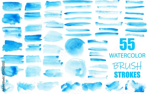 Big set of vector blue brush strokes.Watercolor texture splatters. Grunge rectangle text boxes. Frames for text or quote.