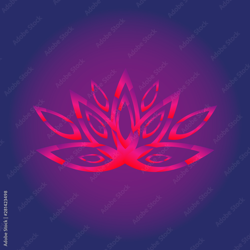 Stylized Lotus flower on dark background. Bright red neon shades. Symbol or logo for your design and decoration. Stylized Lotus flower on dark background. Bright red neon shades. Symbol or logo for your design and decoration.