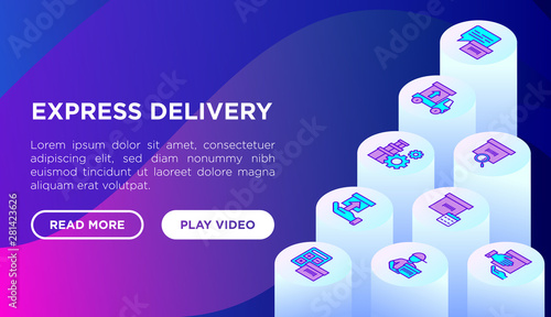 Express delivery web page template with thin isometric line icons: parcel, truck, out for delivery, searchong of shipment, courier, sorting center, dispatch, registered, delivered. Vector illustration