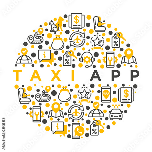 Taxi app concept in circle thin line icons: payment method, promocode, app settings, info, support service, phone number, location, route, destination, airport transfer, baby seat. Vector illustration