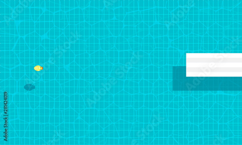 Pool with water. Yellow duck swims in the water. View from above. Vector illustration.