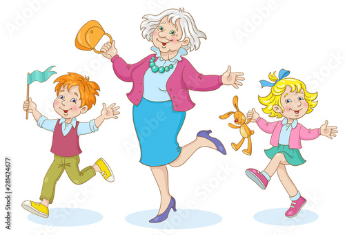 Happy grandmother and grandchildren are dancing. In cartoon style. Isolated on white background.