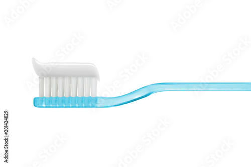 toothpaste on blue toothbrush isolated isolated on white with clipping path