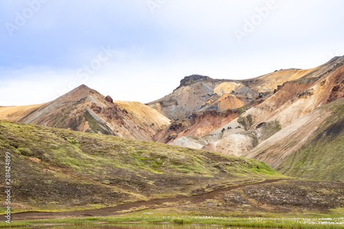 Landmannalaugar beautiful scenic nature landscape. Various volcanic minerals and lava formations. Colorful mountains in Iceland