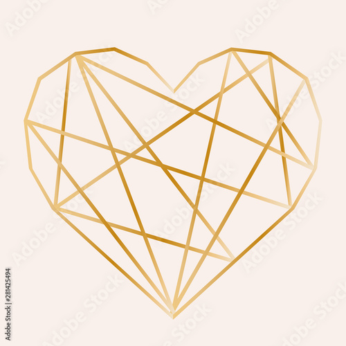 Golden heart made of geometric lines on a pink background