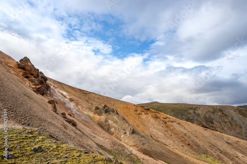 sulfur fumaroles in Landmannalaugar, a beautiful scenic nature landscape. Various volcanic minerals and lava formations. Colorful mountains in Iceland