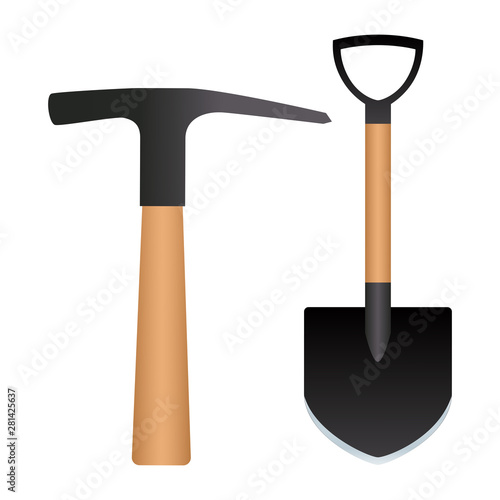 Realistic shovel and hammer on white background