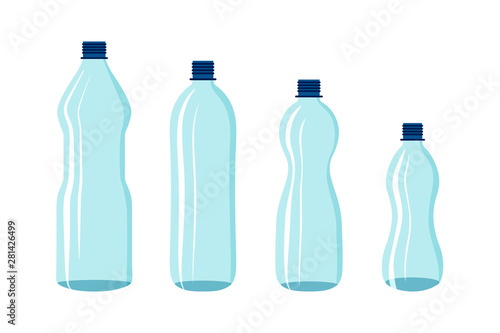 Plastic bottle of water transparent effect blue vector set design elements on white background isolated 