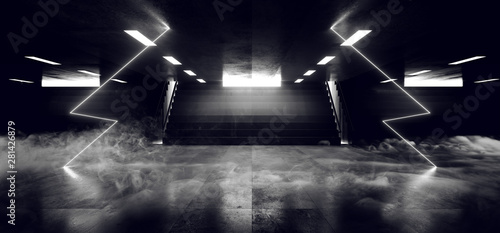 Smoke Sci Fi Futuristic Neon Lights Arrow Shape Hall Dark Empty Underground Tunnel Corridor Stairs Signs Lights White Glowing Empty Reflective Grunge Concrete Modern 3D Rendering