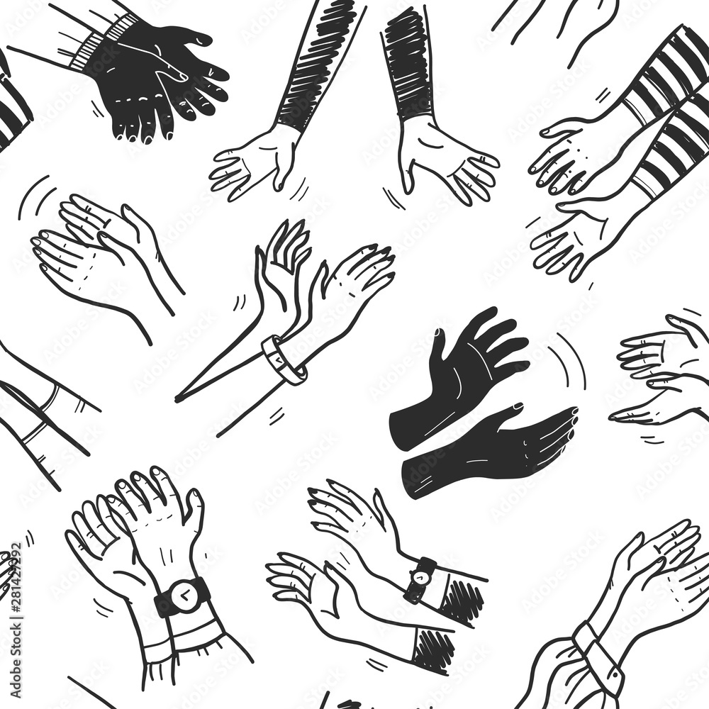 Vector seamless pattern with illustration of applause hand drawn doodle human hands clapping isolated on white background. For cards, banners, posters, placards, flayers, package design etc. Vector seamless pattern with illustration of applause hand drawn doodle human hands clapping isolated on white background. For cards, banners, posters, placards, flayers, package design etc.
