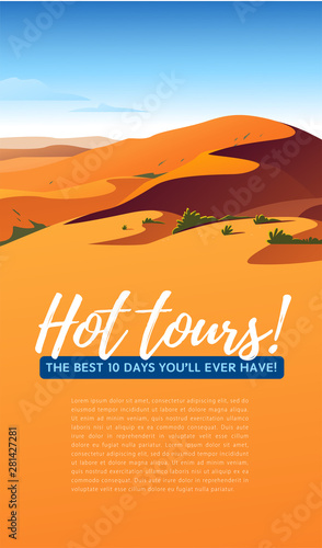 Vector flat landscape minimalistic illustration of hot desert nature view: sky, dunes, sand, plants. Good for travel banner, card, vacation touristic advertising, brochure, flayer etc.