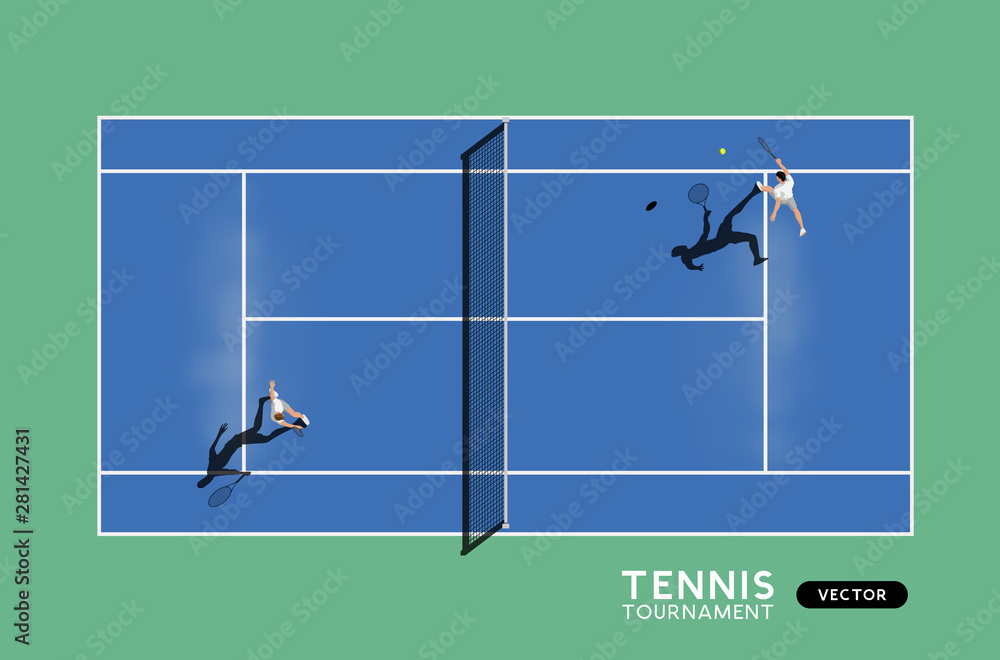 Men Playing Tennis On A Hard Court - obrazy, fototapety, plakaty 