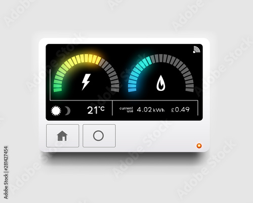 A modern home energy smart meter for tracking and reading gas and electricity usage. Vector illustration.