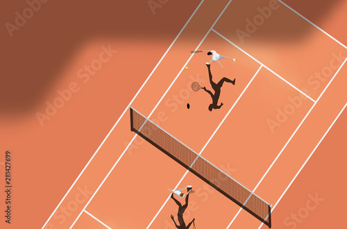 Top View Of Clay Court Tennis Match