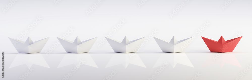 3D illustration of leadership concept, a red paper boat on the right side lead a group of white paper boat on line from left to right 3D illustration of leadership concept, a red paper boat on the right side lead a group of white paper boat on line from left to right