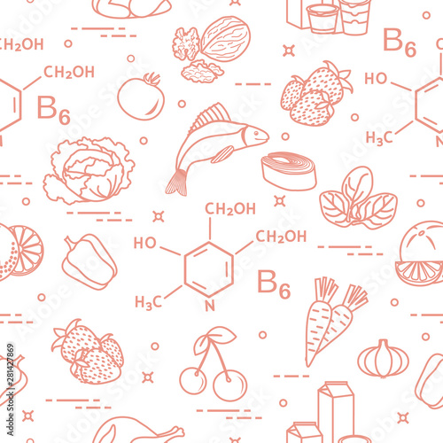 Seamless pattern with foods rich in vitamin B6.
