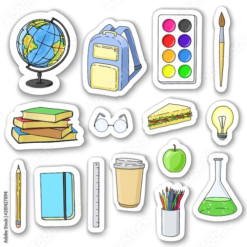 Back to school stickers with 3D shadow isolated on white background, colorful sketch doodles. Education illustration.